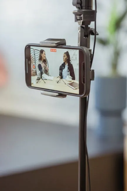 Smartphone auf Stativ filmt Gespräch zwischen zwei Moderatorinnen mit Mikrofonen