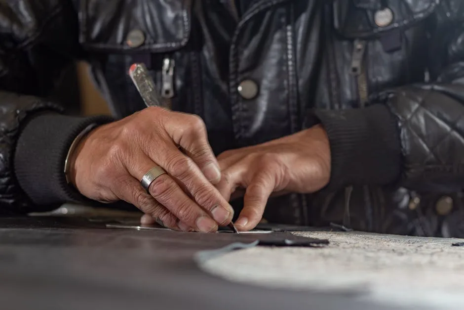Hände eines Lederhandwerkers beim Zuschneiden von Material in Florenz
