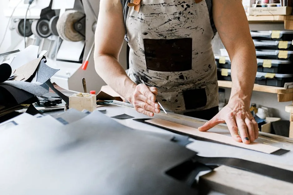Mains d'artisan mesurant une lanière de cuir dans un atelier florentin