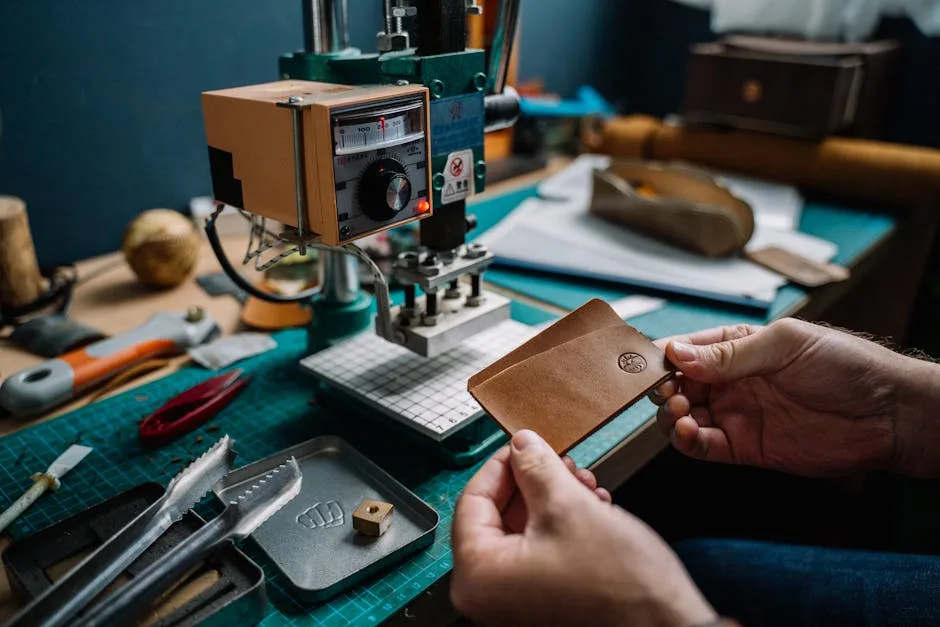 Artisan estampant un porte-cartes en cuir avec presse dans son atelier florentin