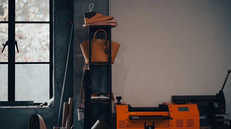 Atelier de cuir à Florence avec sac sur étagère, machine orange