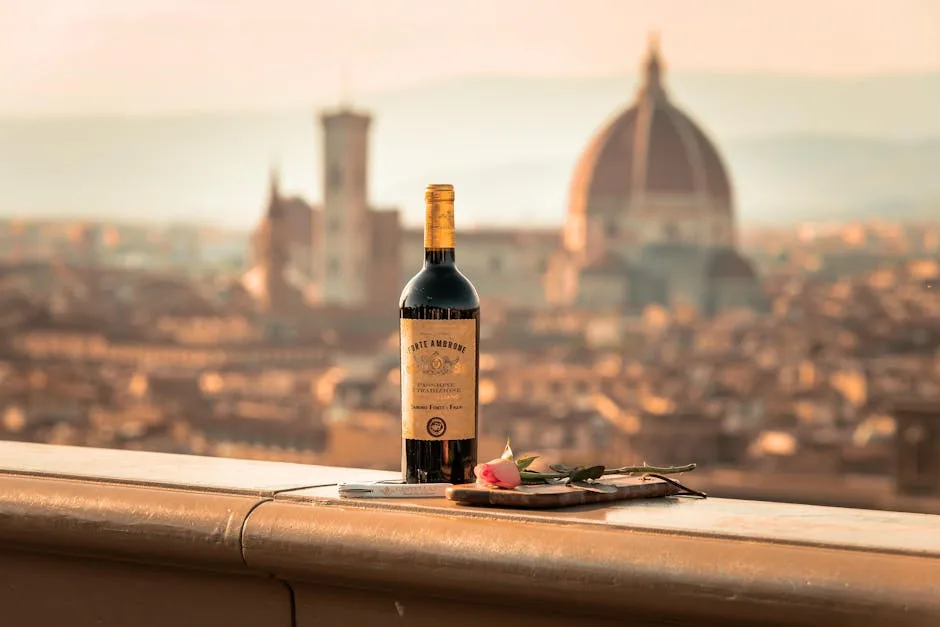 Bouteille de vin et rose sur balustrade, vue sur Florence