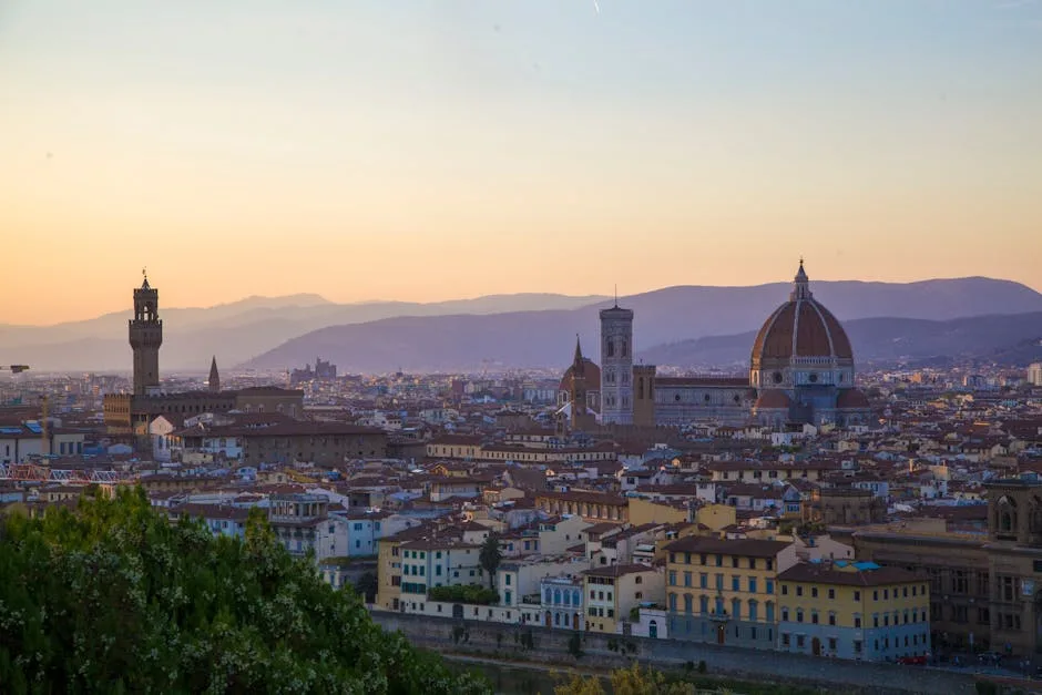 Panorama de Florence au coucher, avec le Duomo et Palazzo Vecchio.