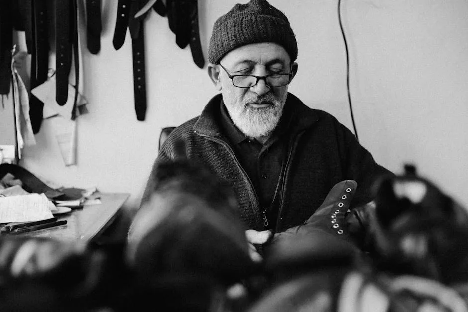 Artisan maroquinier concentré travaillant sur une ceinture dans un atelier florentin