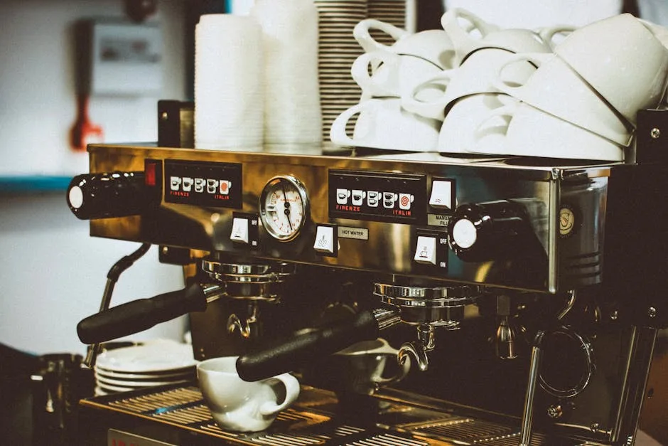 Machine à expresso dans un café florentin, tasses empilées dessus