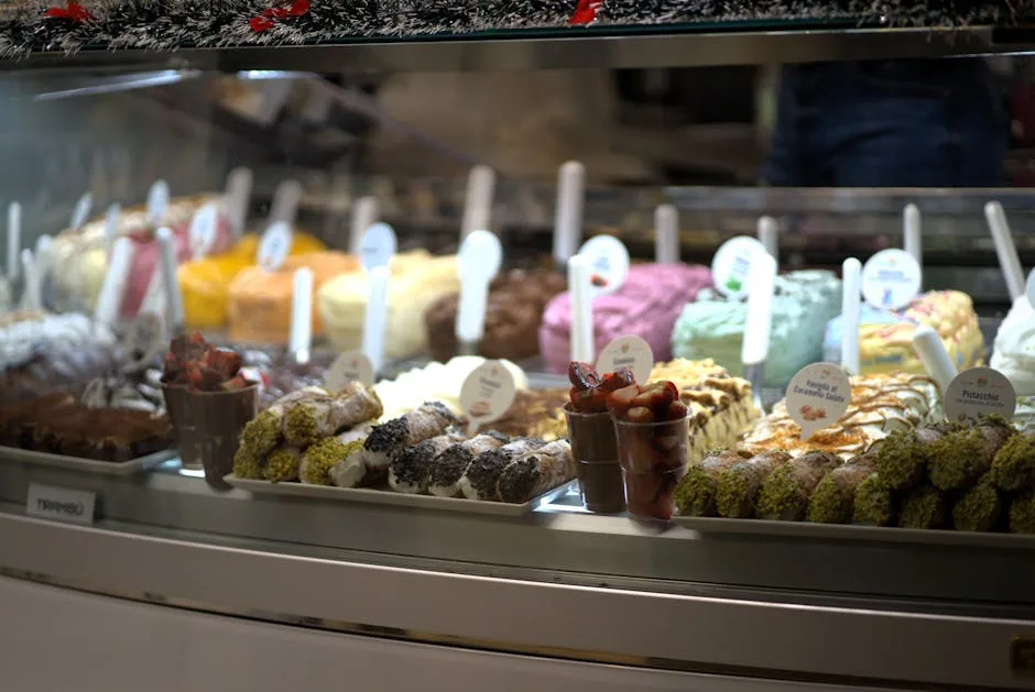 Vitrine de gelati et desserts italiens colorés dans une gelateria florentine