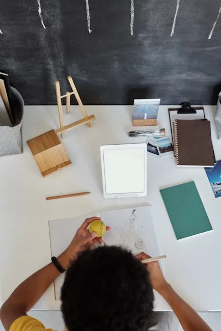 Enfant tenant une balle jaune et dessinant à une table d'atelier à Florence