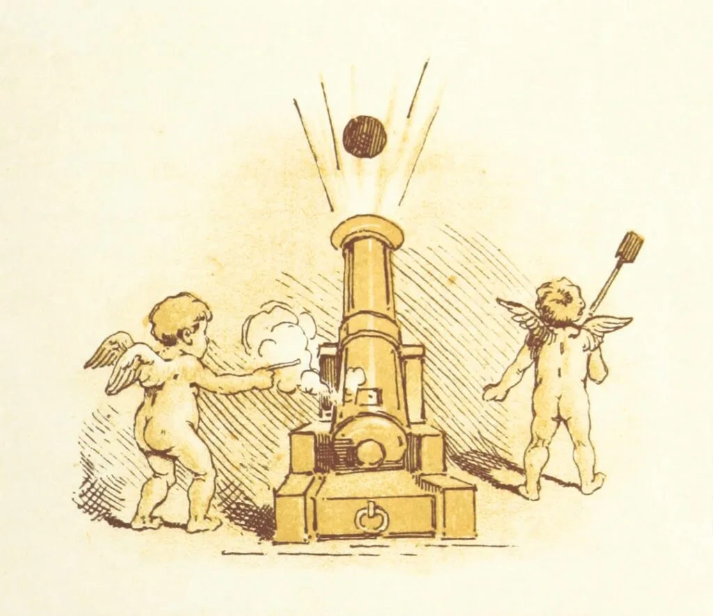 Illustration ancienne montrant deux putti actionnant un petit canon et une boule
