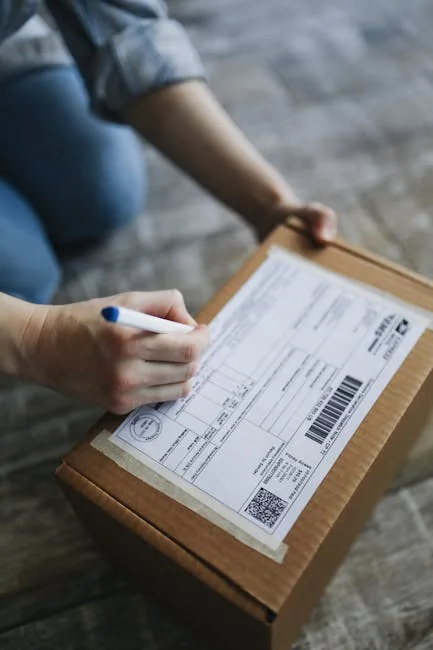 Hand schreibt Adresse auf Versandaufkleber eines Pakets