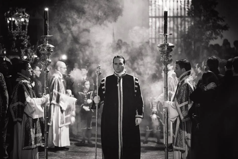 Procession religieuse florentine en robes traditionnelles, encens et torches, ambiance solennelle
