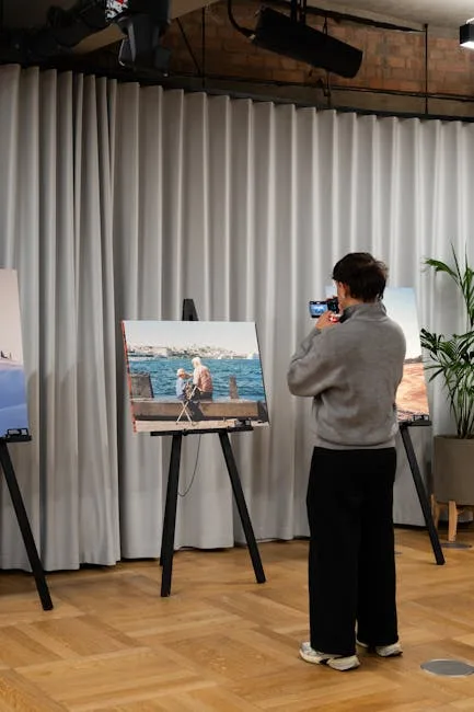 Visiteur photographiant des tableaux exposés sur chevalets dans un espace d'exposition intérieur.