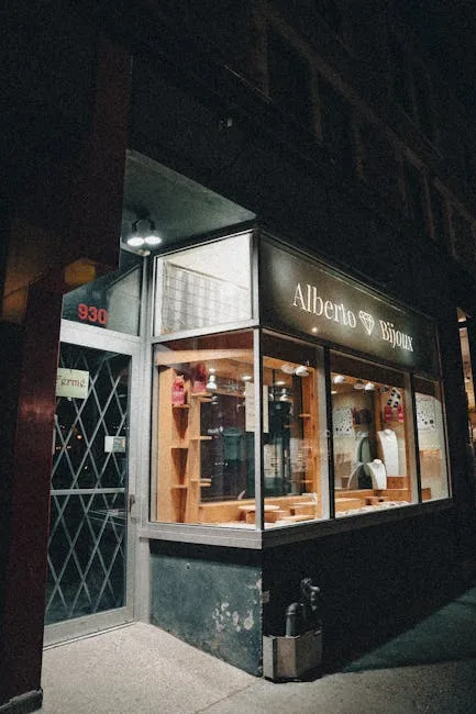 Beleuchtetes Schaufenster 'Alberto Bijoux' mit leerer Auslage bei Nacht
