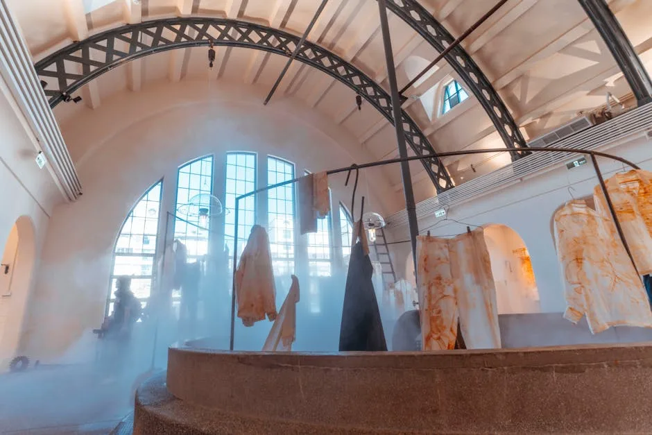 Hängende gefärbte Kleidung in nebliger Ausstellungsinstallation im Museum in Florenz