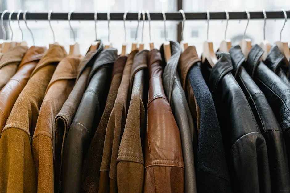 Rangée de vestes en cuir et suède suspendues sur cintres dans une boutique florentine