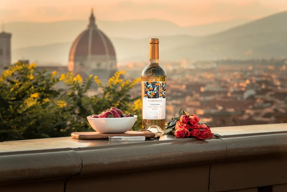 Weinflasche, Erdbeerschale und Rosen vor dem Dom von Florenz