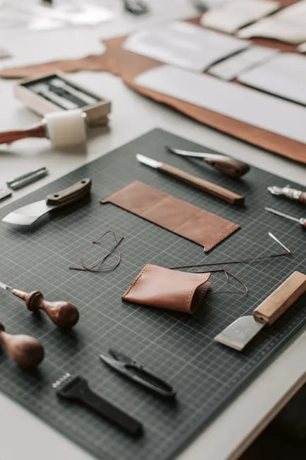 Pièces de cuir et outils d'atelier florentin sur plan de travail