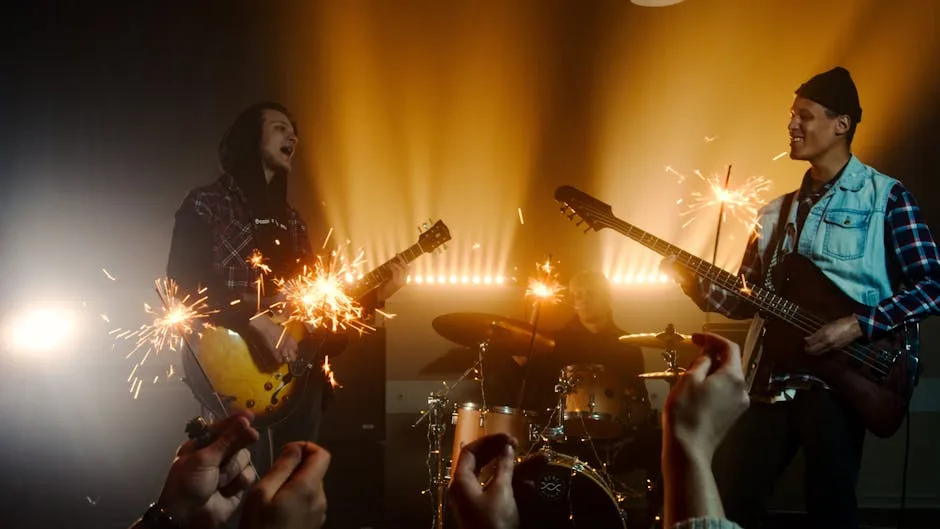 Groupe rock sur scène à Florence avec guitares et étincelles