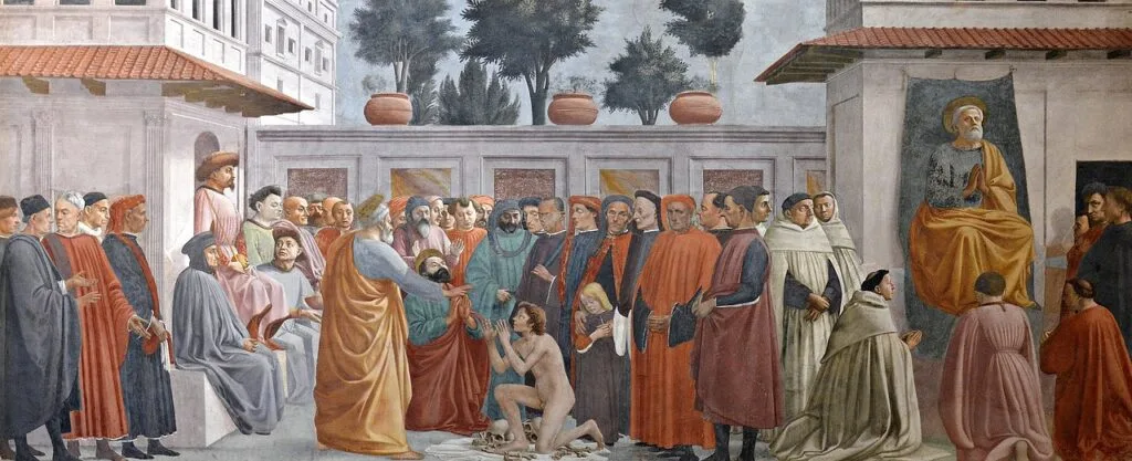 Fresque religieuse florentine représentant une foule et un homme nu agenouillé