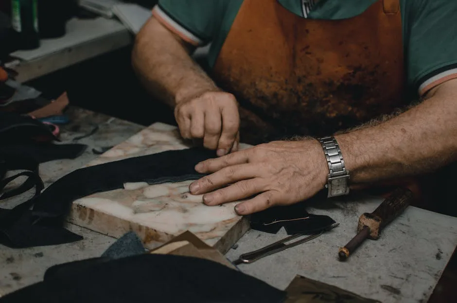 Mains d'un artisan travaillant le cuir sur un établi, Florence
