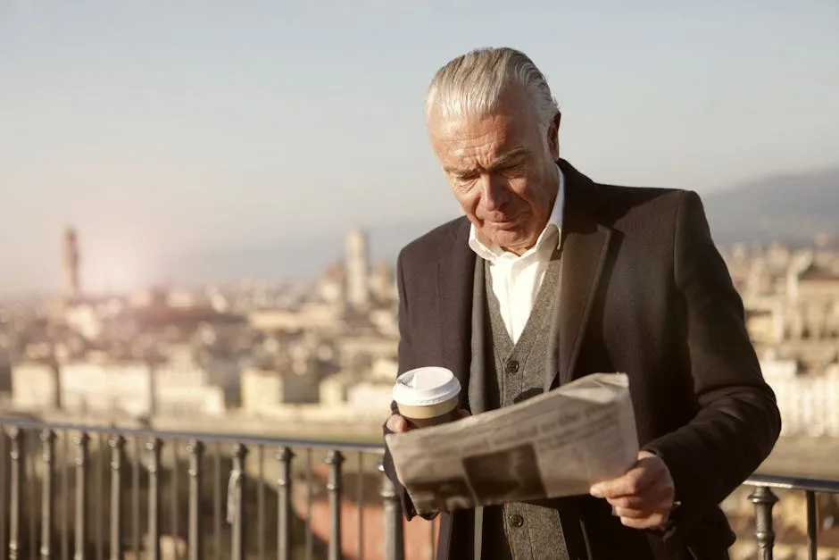 Homme âgé lisant un journal, café à la main, vue sur Florence
